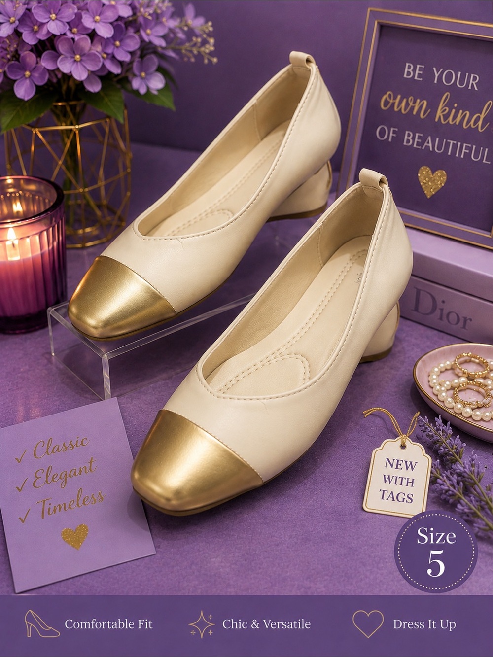 Women's Cream Flats with Gold Cap Toe - Size 5